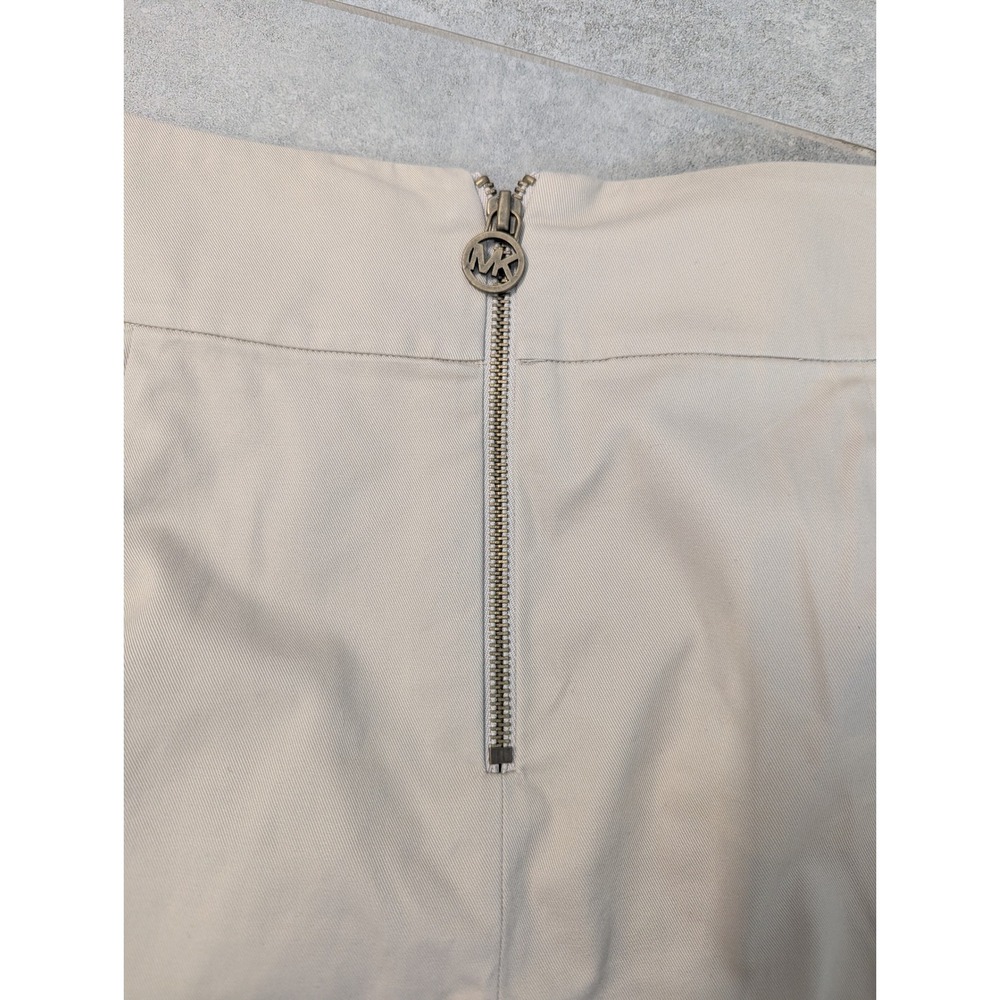 Michael Kors Khaki Beige Cotton Blend Pleated A-Line Skirt Size 14 MK Logo Zip - Picture 4 of 9